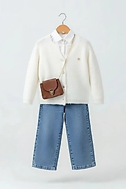 Beyaz Hırkalı Çantalı 4lü Takım