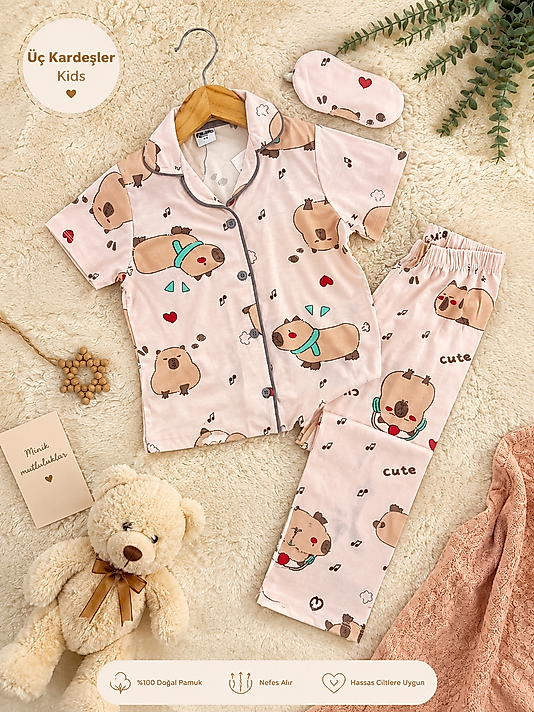 Capybaralı Uyku Bandı Hediyeli Pijama Takımı