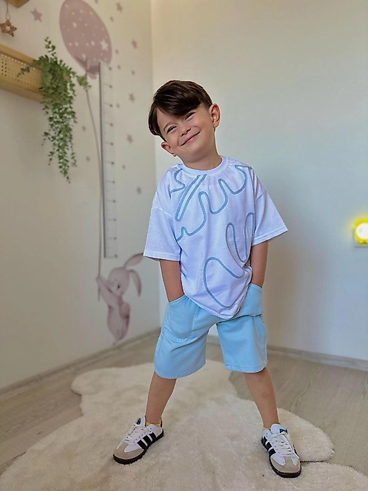 Mavi Kot Şortlu Takım