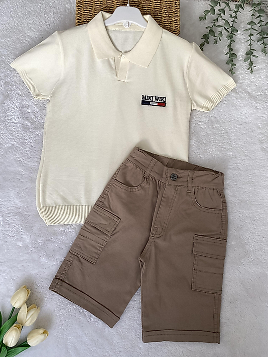 Triko Tshirt Keten Şort Ekru Takım