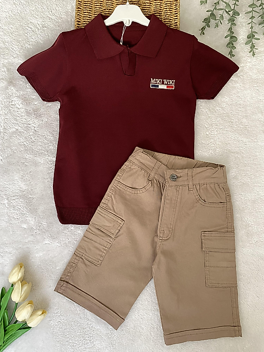Triko Tshirt Keten Şort Bordo Takım