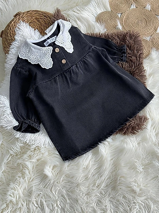 Fisto Yakalı Denim Elbise(koyu renk)