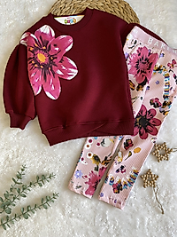 Çiçekli Taytlı Bordo Şardonlu Takım