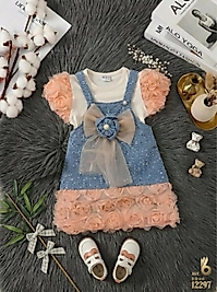 Gül detaylı somon elbise