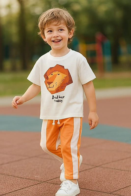 Aslan Baskılı Tshirt Turuncu Desenli Pantolonlu Takım