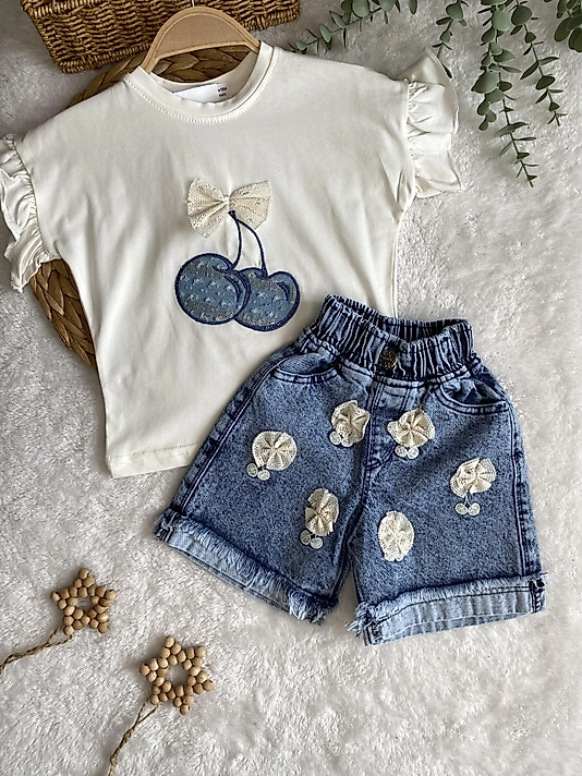 Kiraz Detaylı Şortlu Takım(beyaz)