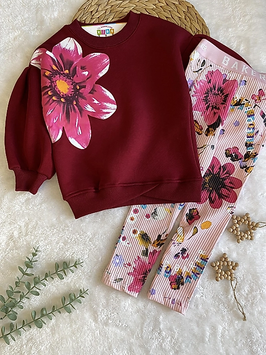 Çiçekli Taytlı Bordo Şardonlu Takım