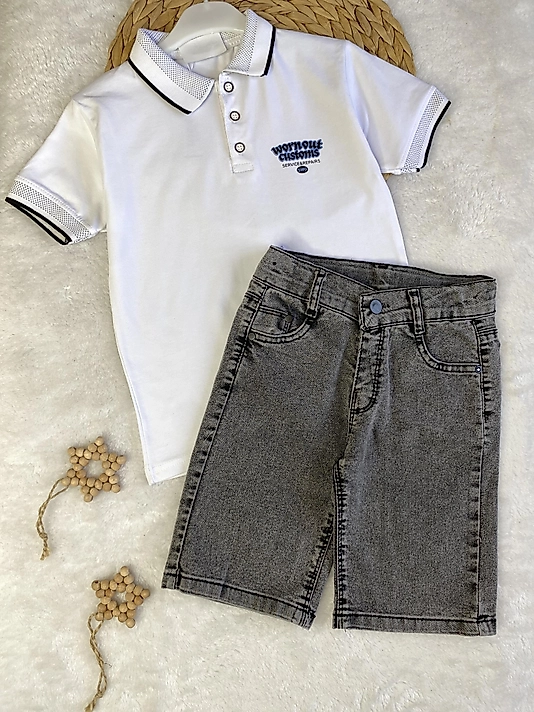 Denim Şortlu Takım(beyaz)