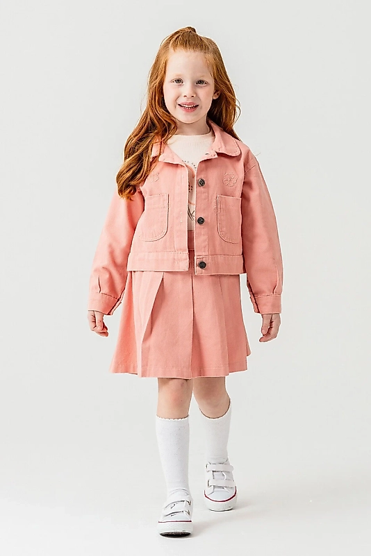 Somon Papatya Nakışlı Jean Ceketli 3lü Takım