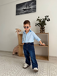 Mavi Keten Gömlekli Kot Pantolonlu Takım