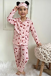 Kiraz Desenli Uyku Bandı Hediyeli Pijama Takımı