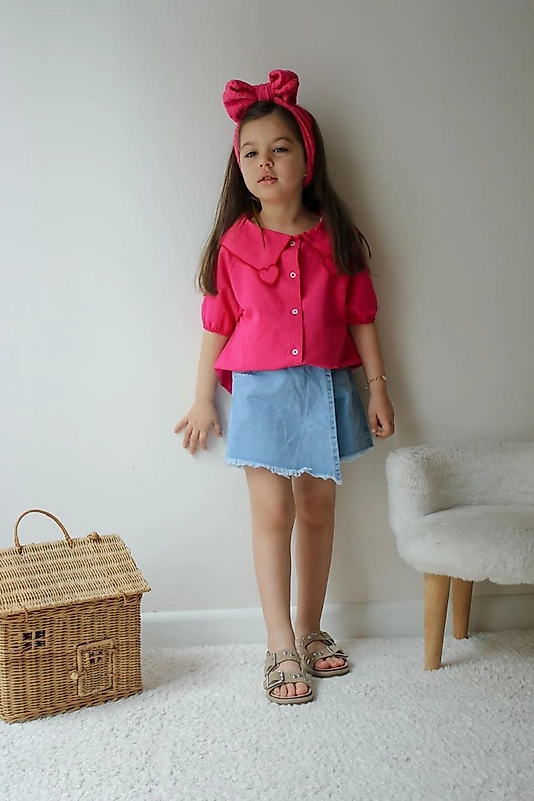 Kalp Detaylı Gömlek Şort Etek Takım