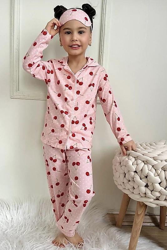 Kiraz Desenli Uyku Bandı Hediyeli Pijama Takımı