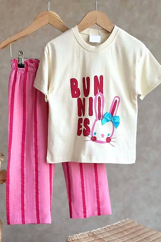 Müslin Pantolonlu Tavşan Baskılı Çizgili Takım
