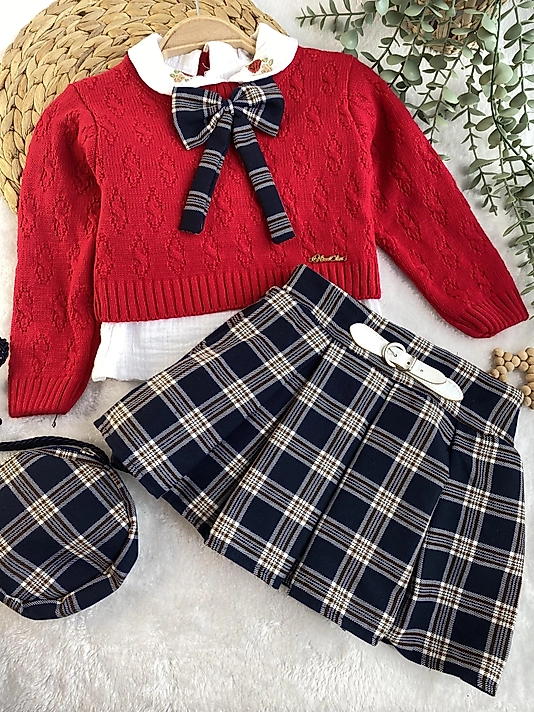 Triko kazaklı pileli ekose etekli 4lü takım